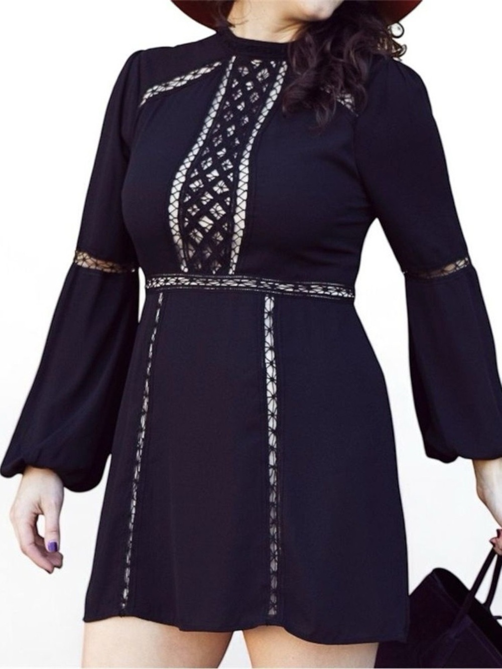 Express Black Lace-Trim long sleeve dress